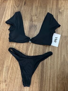 YMI Black Sleeve Two-Piece Bikini with Ring Front